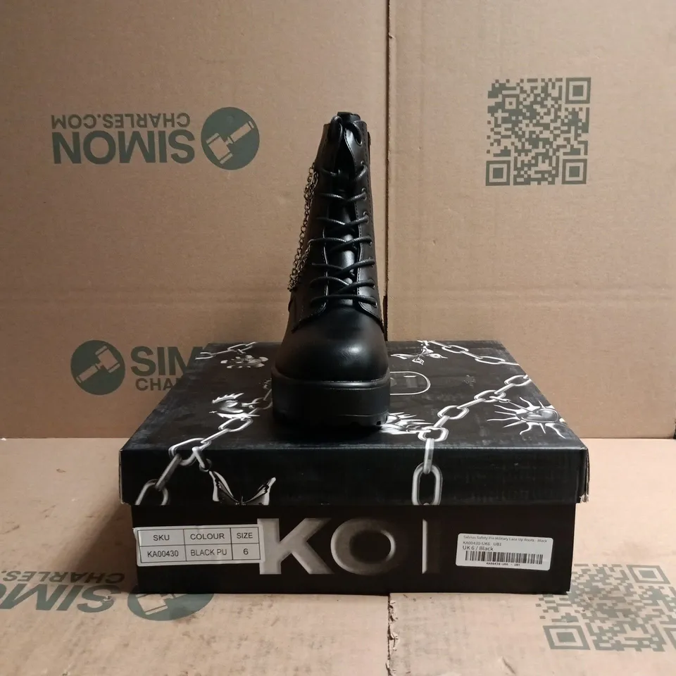 BOXED PAIR OF KOI SALVIUS SAFETY PIN MILITARY LACE UP BOOTS IN BLACK SIZE UK 6