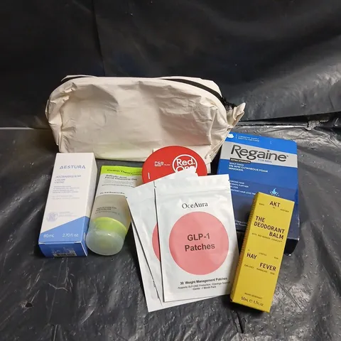 APPROXIMATEY 20 ASSORTED HEALTH AND BEAUTY PRODUCTS TO INCLUDE - REGAINE SCALP FOAM - CARBON THEORY SALICYLIC ACID FACIAL CLEANSING GEL - AESTURA MOISTURIZING CREAM - ETC