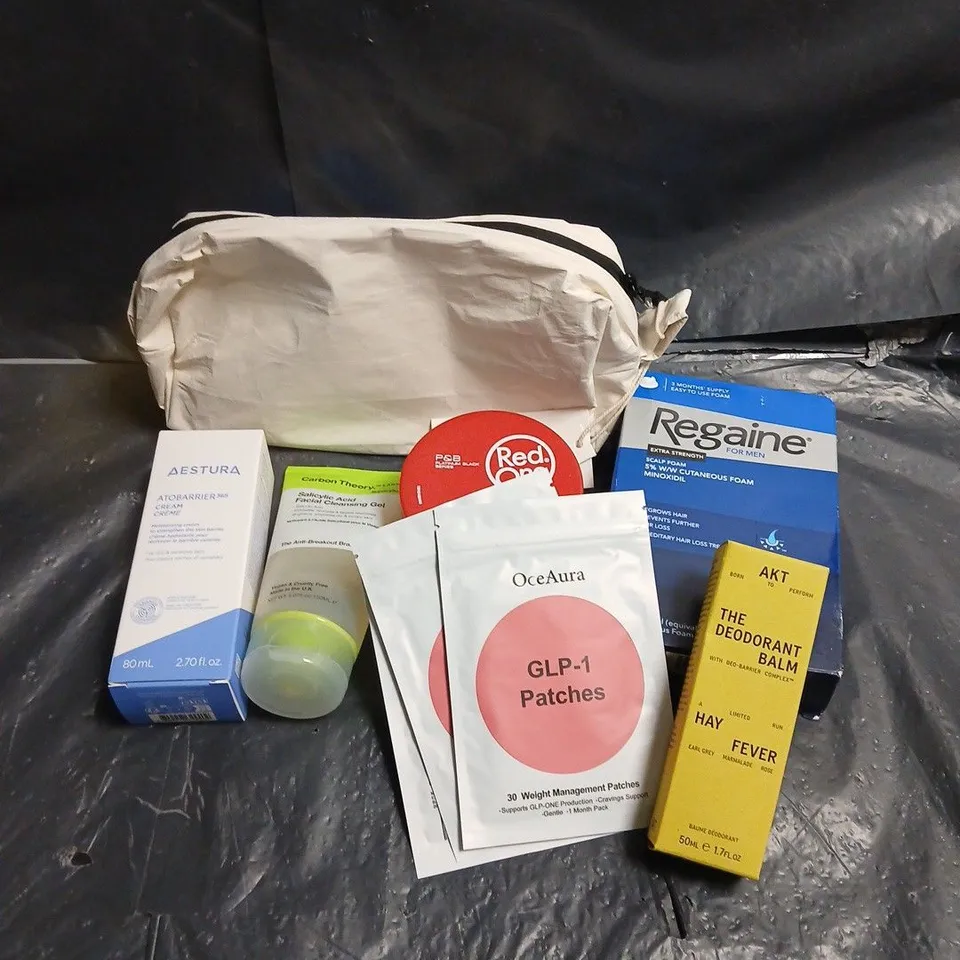 APPROXIMATEY 20 ASSORTED HEALTH AND BEAUTY PRODUCTS TO INCLUDE - REGAINE SCALP FOAM - CARBON THEORY SALICYLIC ACID FACIAL CLEANSING GEL - AESTURA MOISTURIZING CREAM - ETC