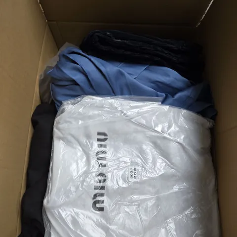 LARGE BOX OF ASSORTED CLOTHING ITEMS IN VARIOUS SIZES, STYLES AND COLOUR 