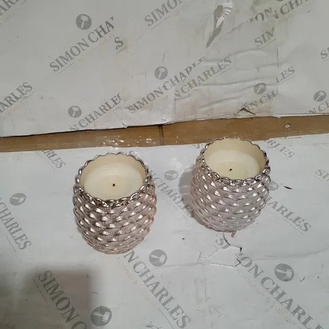 BOXED HOMEWORX BY HARRY SLATKIN PAIR OF AUTUMN PINECONE SCENTED CANDLES IN ROSE GOLD COLOUR