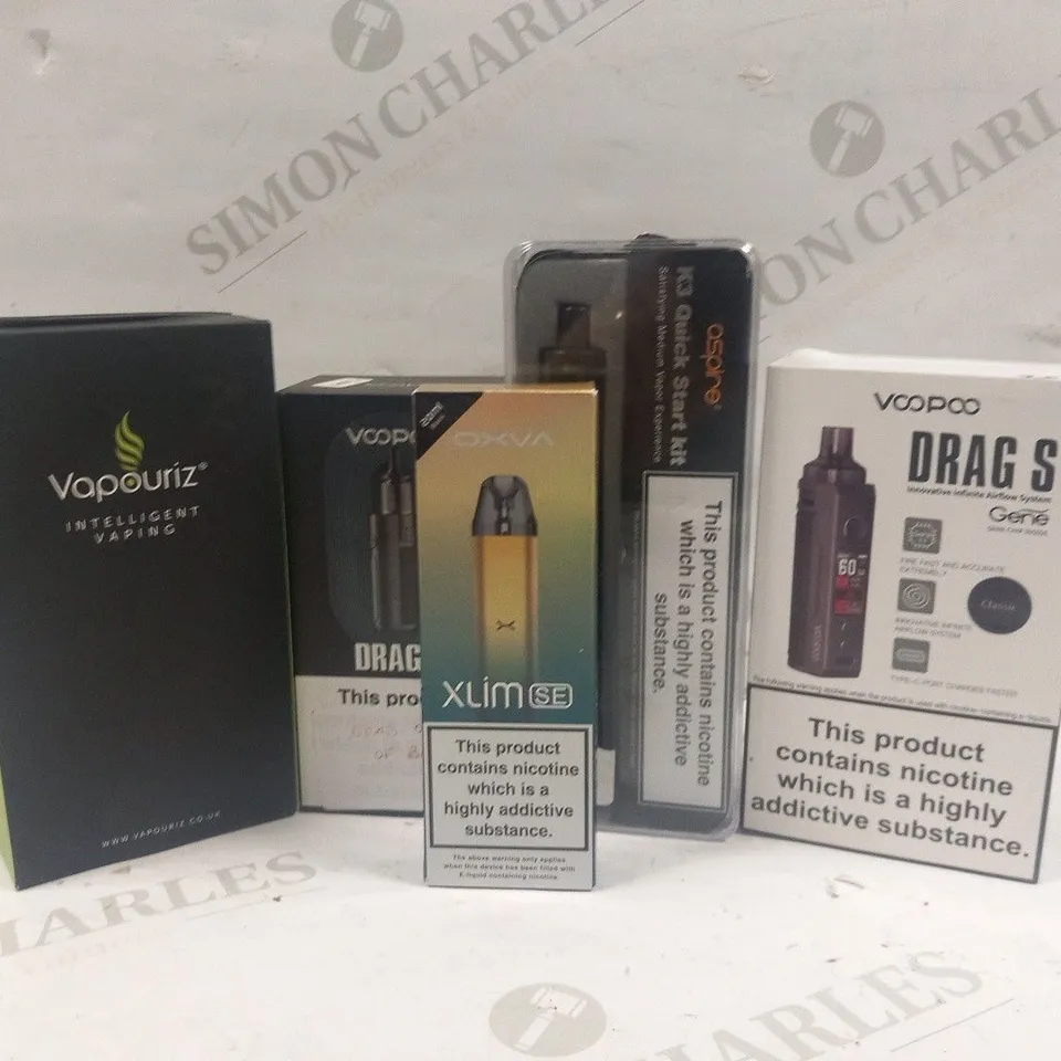 APPROXIMATELY 5 BOXED VAPING PRODUCTS TO INCLUDE; VOOPOO DRAG S, ASPIRE K3 QUICK START KIT, OXVA XLIM SE, VOOPOO DRAG Q AND VAPOURIZ