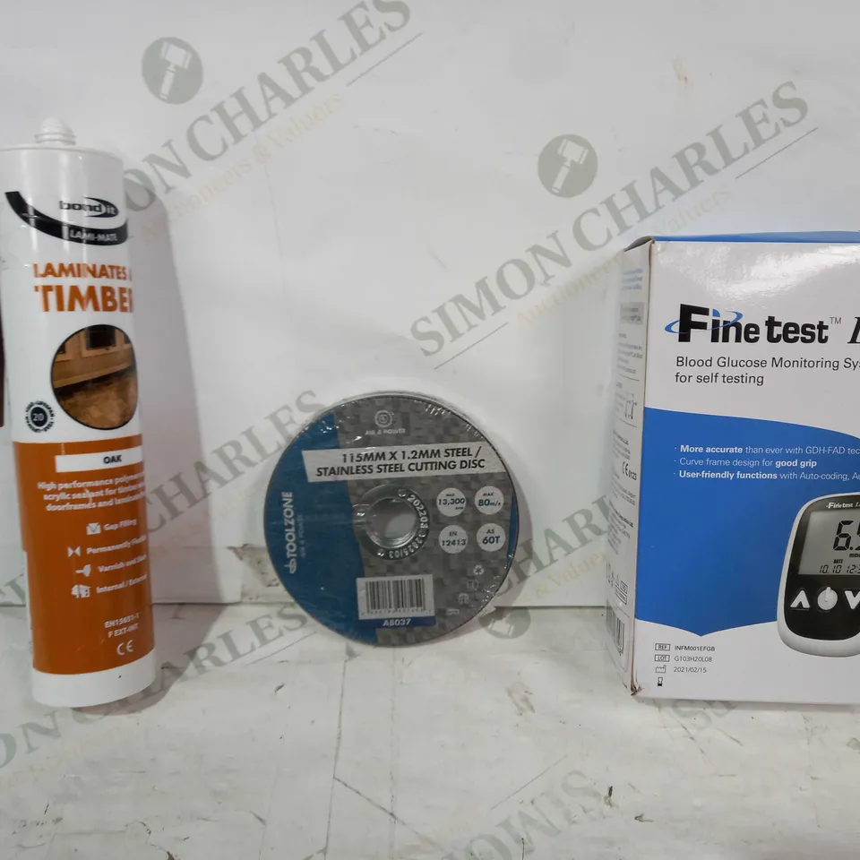 LOT OF APPROXIMATELY 10 ASSORTED HOUSEHOLD ITEMS TO INCLUDE FINE TEST LITE BLOOD GLUCOSE MONITORING SYSTEM, STAINLESS STEEL CUTTING DISC, BOND IT LAMINATES & TIMBER, ETC