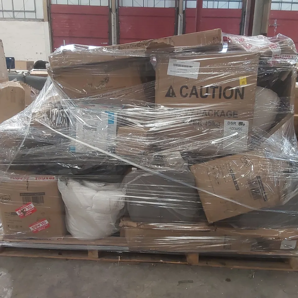 PALLET CONTAINING A VERY LARGE QUANTITY OF ASSORTED NEO ITEMS INCLUDING: TOWER FAN, FURNITURE PARTS, TELESCOPIC LADDER, TROLLEY, WHEELBARROW, TUBE TENT ECT