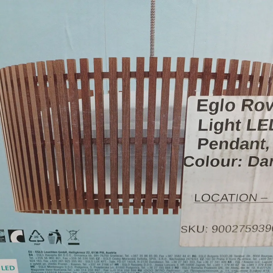 BOXED EGLO ROVERATO 2-LIGHT LED DRUM PENDANT DARK WOOD