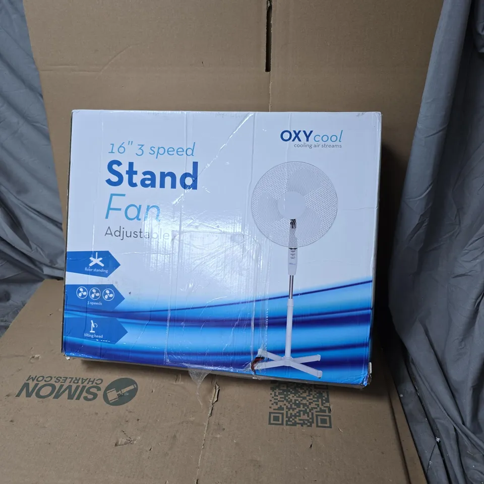 OXYCOOL 16IN STAND FAN – ADJUSTABLE, 3-SPEED FLOOR STANDING FAN