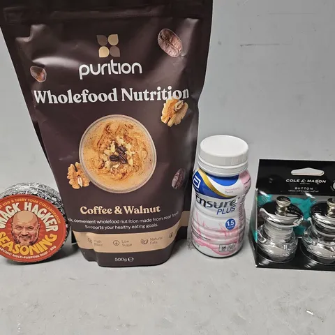 APPROXIMATELY 12 ASSORTED FOOD & DRINK ITEMS TO INCLUDE - SNACK HACKER SEASONING , PURITION WHOLEFOOD NUTRITION , ABBOTT ENSURE PLUS ETC