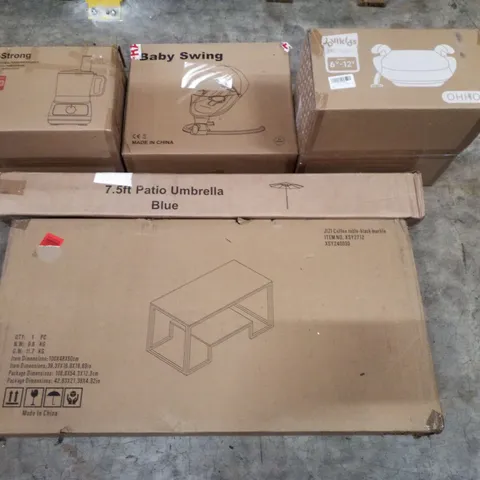 PALLET CONTAINING ASSORTED PRODUCTS INCLUDING COFFEE TABLE, 7.5FT PATIO UMBRELLA BLUE, MULTIFUNCTIONAL FOOD PROCESSOR, BABY SWING & CAR BOOSTER SEAT 