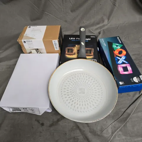 BOX OF APPROXIMATELY 12 ASSORTED HOUSEHOLD ITEMS TO INCLUDE - PLAYSTATION ICONS LIGHT - WHITE COPY PAPER - UMBRA SPINDLE STORAGE BOX - ETC - COLLECTION ONLY