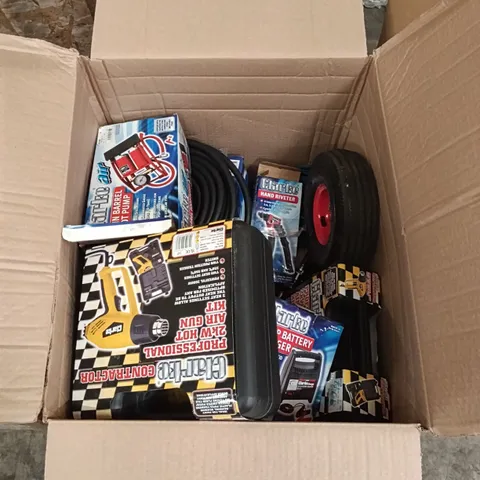 BOX OF ASSORTED TOOLS/DIY PRODUCTS, TO INCLUDE HOT AIR GUN KIT, 6AMP BATTERY CHARGER, HAND RIVETER ETC. 