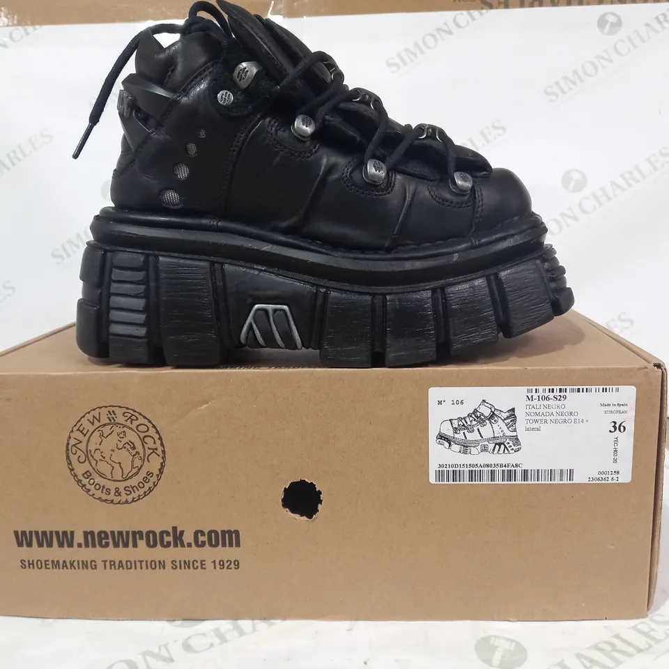 BOXED PAIR OF NEW ROCK CHUNKY PLATFORM LEATHER SHOES IN BLACK EU SIZE 36
