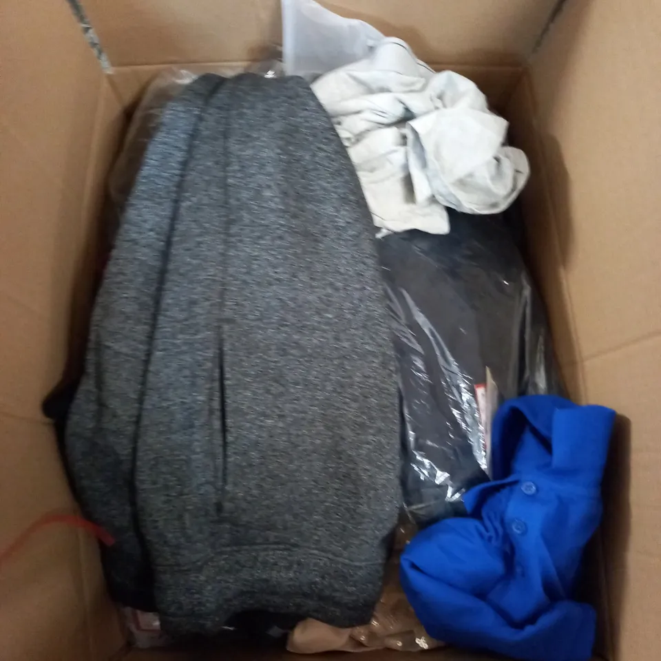 BOX OF ASSORTED CLOTHING ITEMS TOO INCLUDE JUMPERS, SHIRTS AND TROUSERS IN VARIOUS SIZES AND COLOURS   