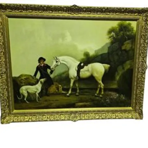 "A GREY HUNTER WITH A GROOM AND A GREYHOUND AT CRESWELL CRAGS"  1762 OIL PAINTING