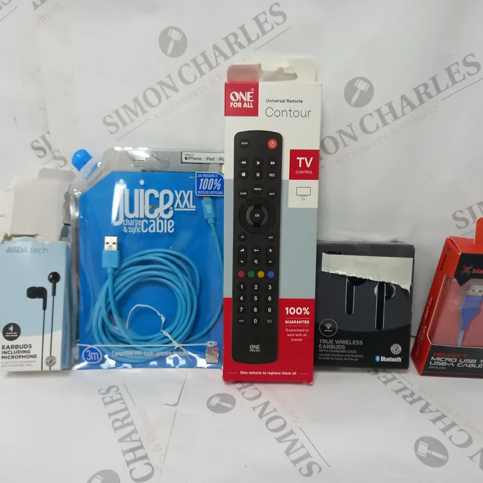 BOX OF APPROXIMATELY 30 ASSORTED ELECTRICALS TO INCLUDE ONE FOR ALL REMOTE, TRUE WIRELESS EARBUDS, BLACKWEB CABLES, ETC