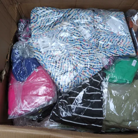 BOX OF APPROXIMATELY 10 ASSORTED CLOTHING ITEMS IN VARIOUS COLOURS, STYLES AND SIZES 