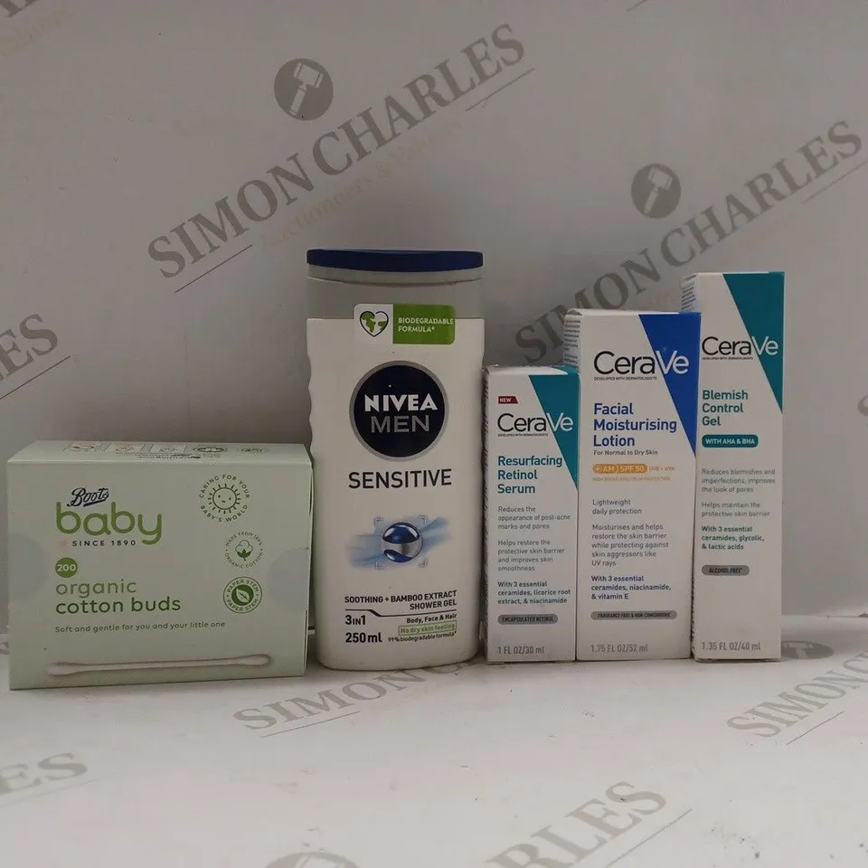 BOX OF APPROX 20 ASSORTED HEALTH AND BEAUTY ITEMS TO INCLUDE - CERAVE BLEMISH CONTROL GEL - BOOTS BABY ORGANIC COTTON BUDS - NIVEA MEN SENSITIVE SHOWER GEL ECT 