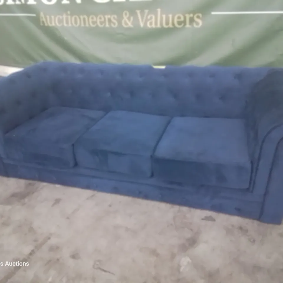 DESIGNER ASYA CHESTERFIELD THREE SEATER SOFA BLUE PLUSH FABRIC 