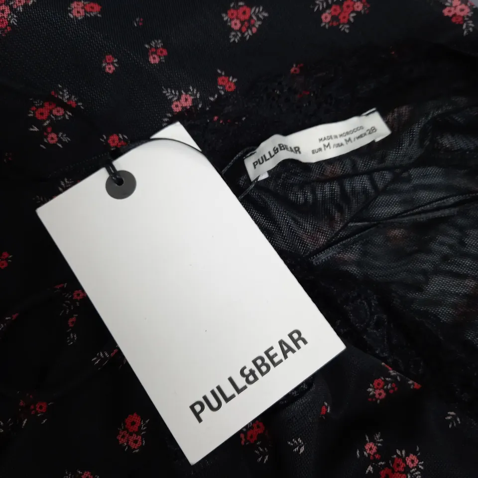 PULL & BEAR FLORAL MESH CAMI TOP IN BLACK - EU MEDIUM