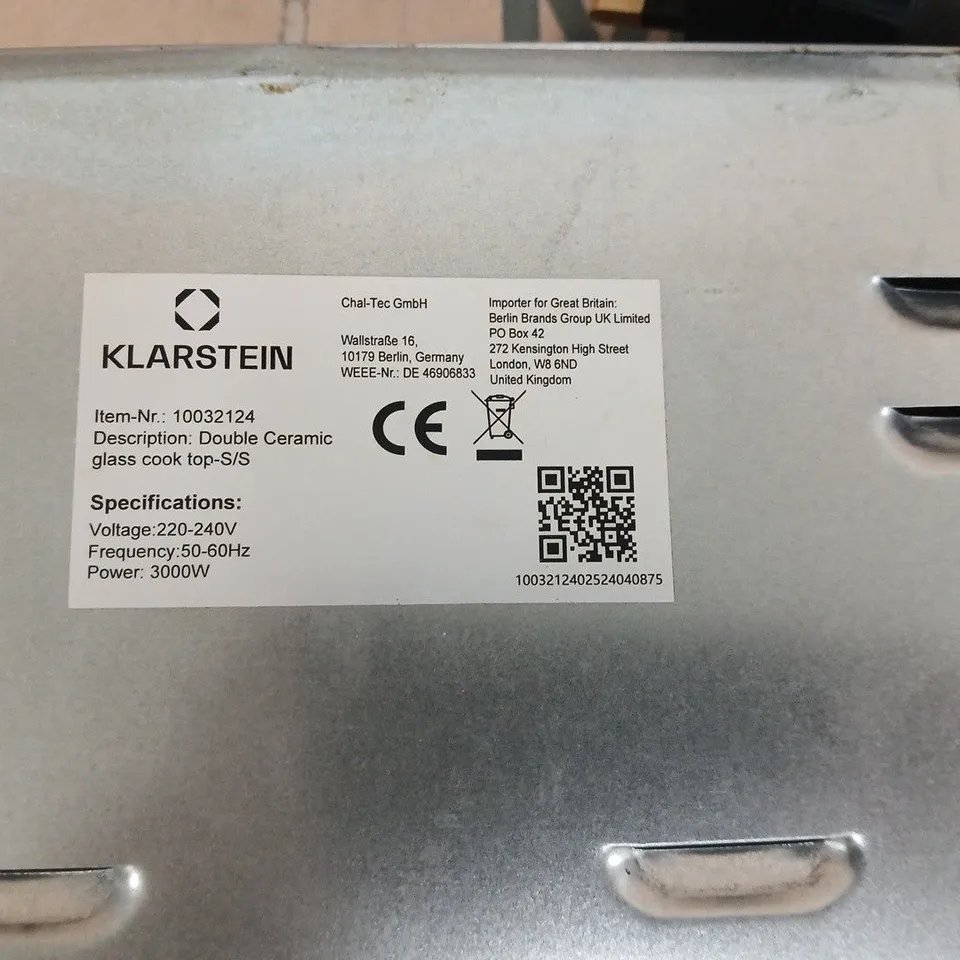 KLARSTEIN DOUBLE CERAMIC GLASS COOK TOP – TWO BURNERS, 220-240V, 3000W