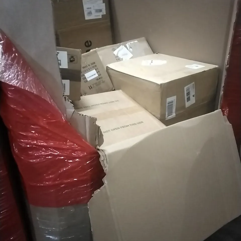A PALLET CONTAINING ASSORTED HOUSEHOLD GOODS AND PRODUCTS TO INCLUDE; AIR COOLERS, CEILING LAMP, BOXED FURNITURE ETC