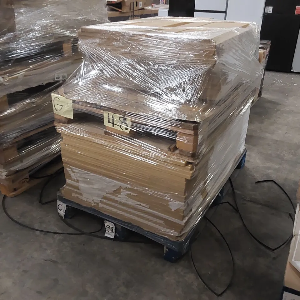 PALLET OF APPROXIMATELY 105 BRAND NEW CANTERBURY LISSA OAK KITCHENS/BEDROOM REPLACEMENT CABINET DOOR/DRAWER/END PANELS IN ASSORTED SIZES TO INCLUDE;