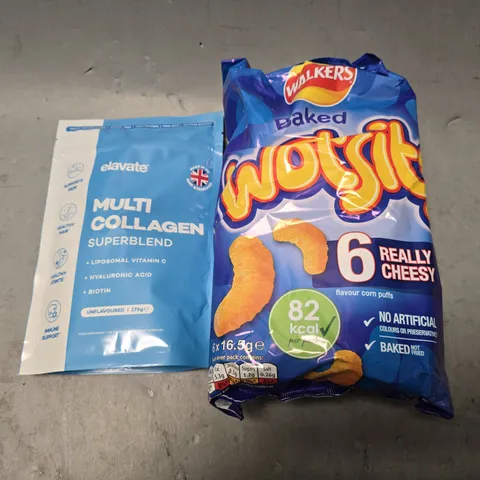 APPROXIMATELY 6 ASSORTED FOOD ITEMS TO INCLUDE - WOTSITS , ELEVATE MULTI COLLAGEN SUPERBLEND 