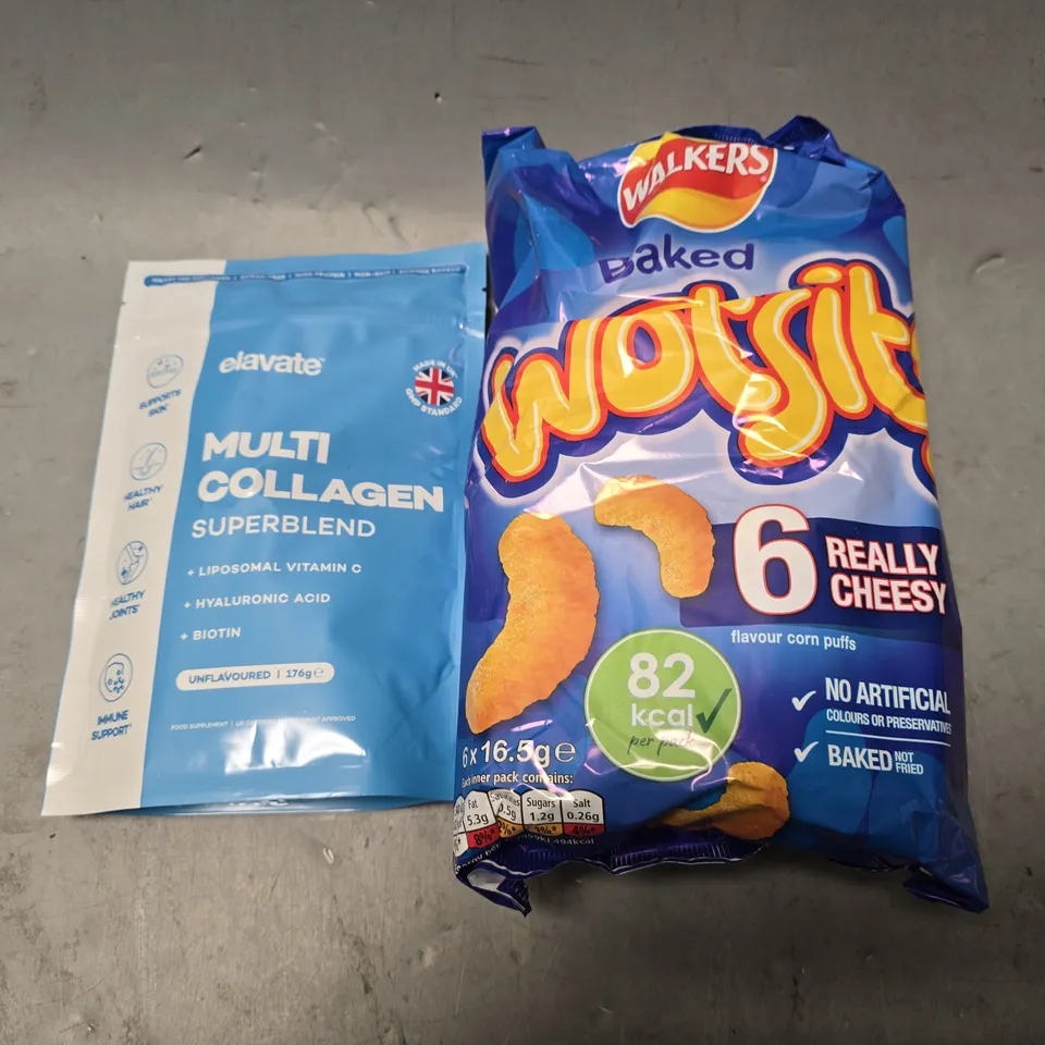 APPROXIMATELY 6 ASSORTED FOOD ITEMS TO INCLUDE - WOTSITS , ELEVATE MULTI COLLAGEN SUPERBLEND 