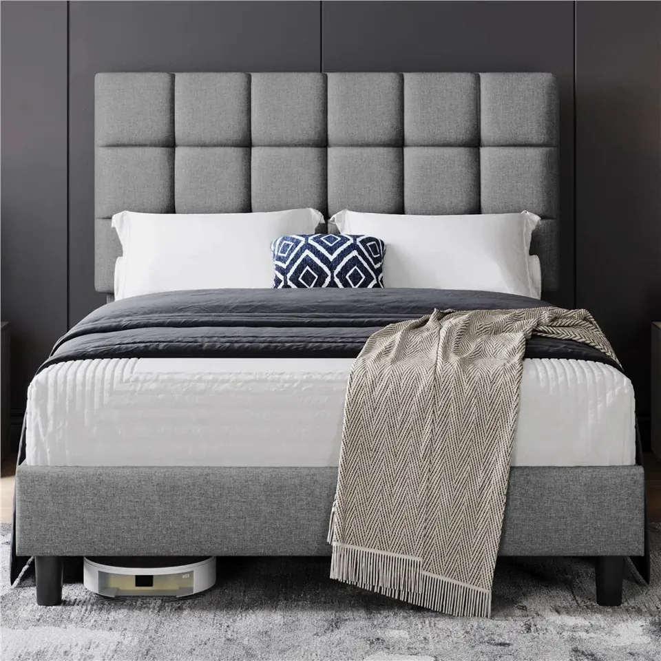 BOXED SIZE MODERN UPHOLSTERED BED FRAME WITH ADJUSTABLE SQUARE TUFTED - 150CM KING SIZE, LIGHT GREY (2 BOXES)