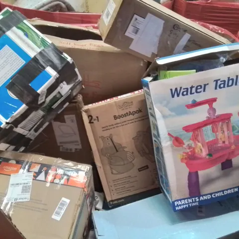 PALLET CONTAINING VARIOUS ASSORTED BOXED HOUSEHOLD ITEMS TO INCLUDE: BABY'S CAR SEAT, WATER TABLE, TOILET SEAT AND LOTS MORE UNMARKED BOXED ITEMS 