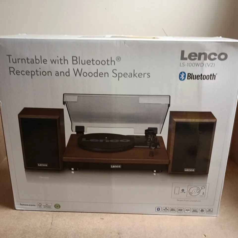 LENCO TURNTABLE WITH BLUETOOTH RECEPTION AND WOODEN SPEAKERS – BOXED