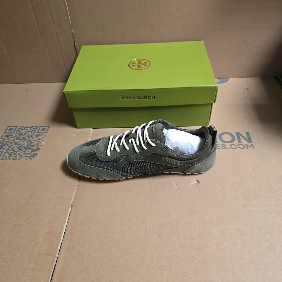 TORY BURCH SNEAKERS – OLIVE/KHAKI GREEN WITH WHITE LACES (BOXED) - US SIZE 10