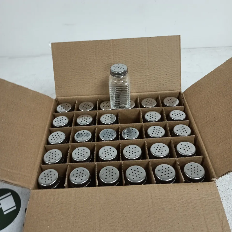 BOX OF APPROXIMATELY 30 GLASS SALT SHAKER POTS