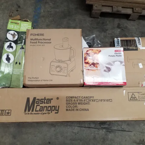 LOT OF ASSORTED PRODUCTS INCLUDING MASTER CANOPY COMPACT CANOPY, ELECTRIC POTATO PEELER, ADJUSTABLE HEIGHT SPEAKER STANDS, MULTIFUNCTIONAL FOOD PROCESSOR, TELESCOPIC IMPULSE SPRINKLER
