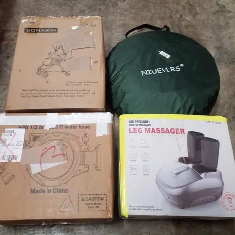 PALLET CONTAINING ASSORTED PRODUCTS INCLUDING LEG MASSAGER, 100FT WATERING HOSE, STROLLER, POL UP TENT & 4 WHEELS FOLDABLE SUPERMARKET SHOPPING CART