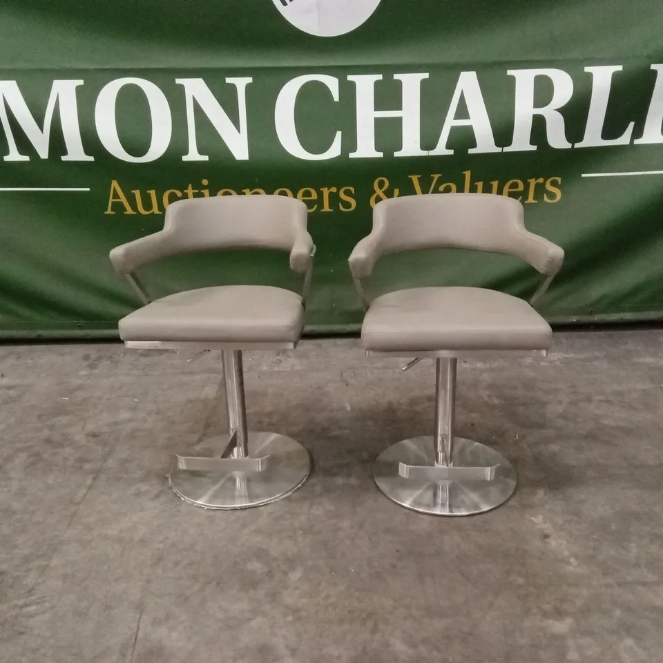 SET OF 2 FIRENZA TAUPE PU BAR STOOLS WITH STAINLESS STEEL BASE