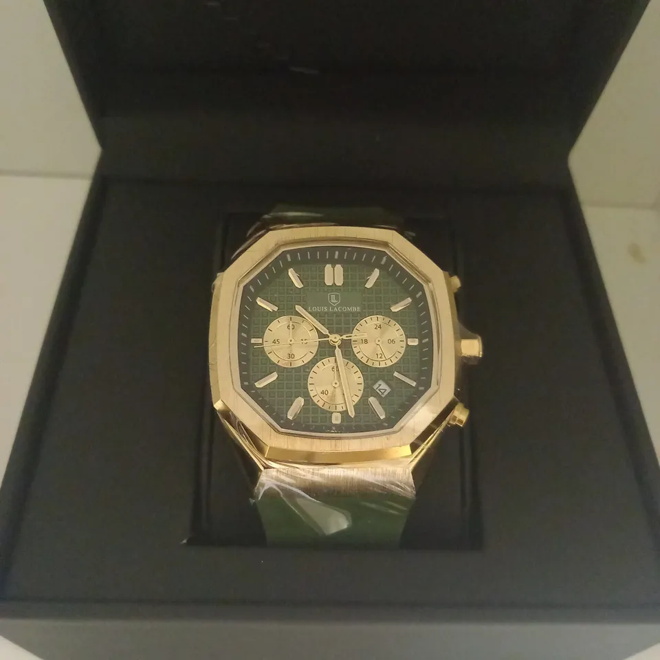 MENS LOUIS LACOMBE CHRONGRAPH WATCH – 3 SUB DIALS – GOLD COLOUR CASE – GREEN RUBBER STRAP – EST £375