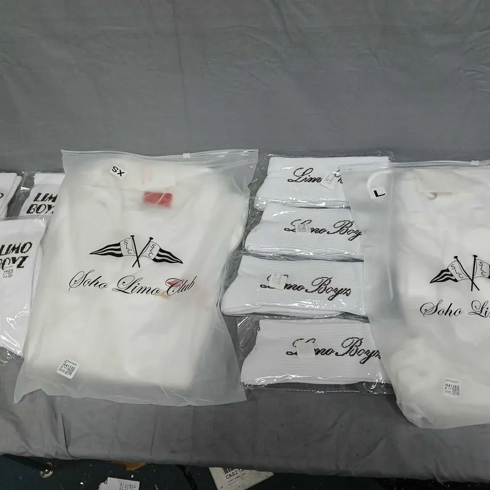 LARGE BOX OF ASSORTED LIMO BOYZ CLOTHING TO INCLUDE SOCKS, TOPS, AND SHORTS ETC. 