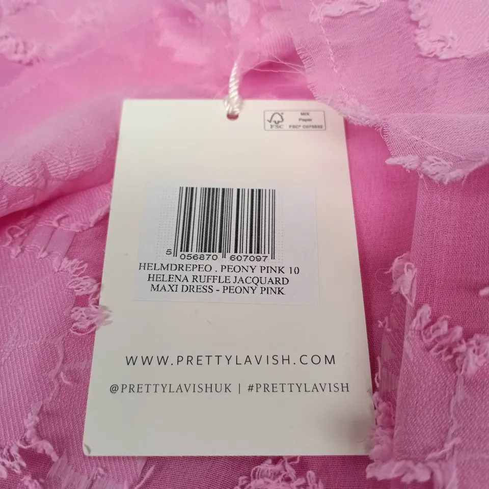 PRETTY LAVISH HELENA RUFFLE JACQUARD MAXI DRESS – PEONY PINK, UK 10