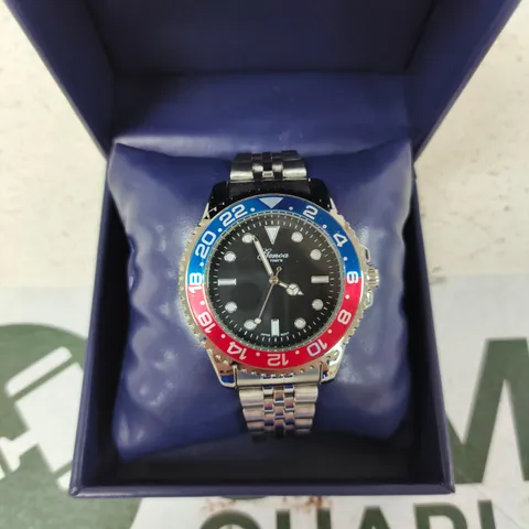 GENEVA GMT STAINLESS STEEL WRISTWATCH WITH PEPSI BEZEL – BOXED