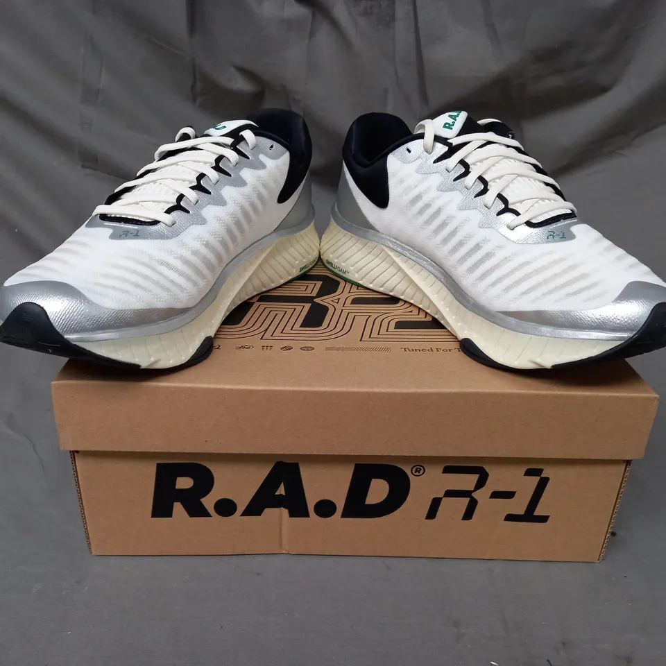 BOXED PAIR OF R.A.D. R-1 SHOES IN WHITE/METALLIC SILVER/GREEN UK SIZE 8