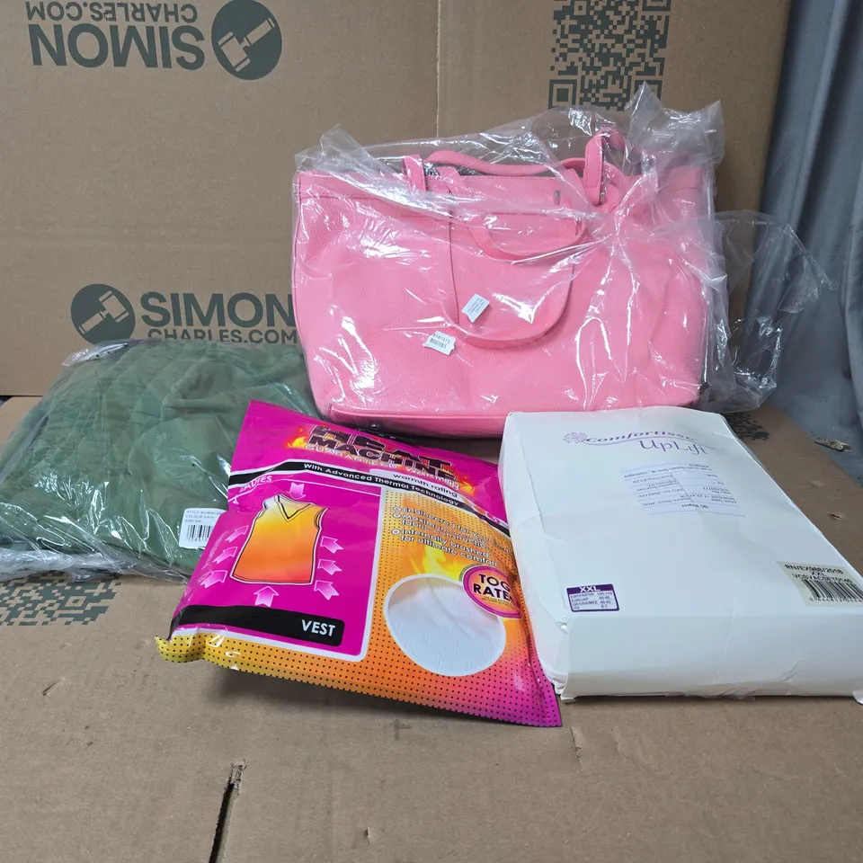BOX OF APPROXIMATELY 20 ASSORTED HOUSEHOLD ITEMS TO INCLUDE CLOTHING, HAND BAG, COMFORTISSE UPLIFT, HEAT MACHINE VEST ETC
