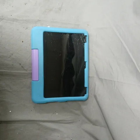 TABLET IN BLUE PROTECTIVE CASE WITH PURPLE SIDE BUTTON.