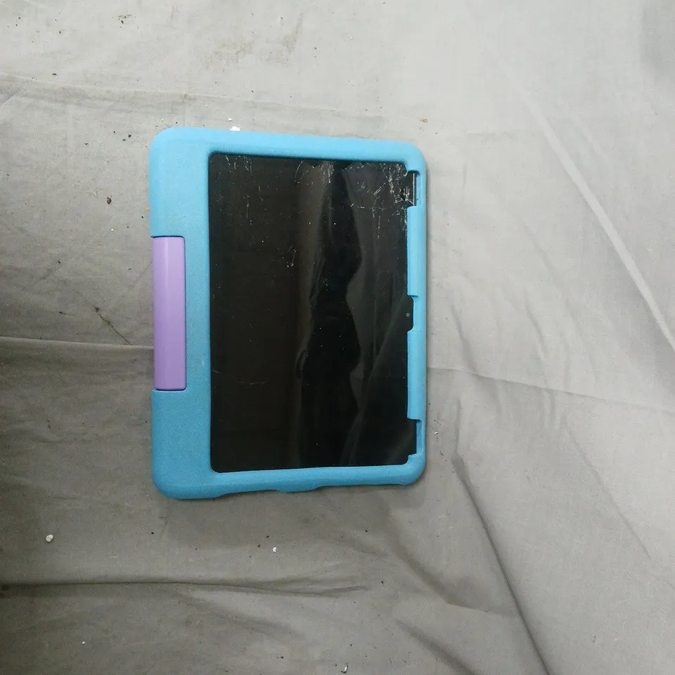 TABLET IN BLUE PROTECTIVE CASE WITH PURPLE SIDE BUTTON.