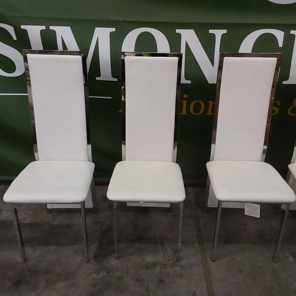 SET OF 6 CELESTE WHITE LEATHER AND CHROME DINING CHAIRS 