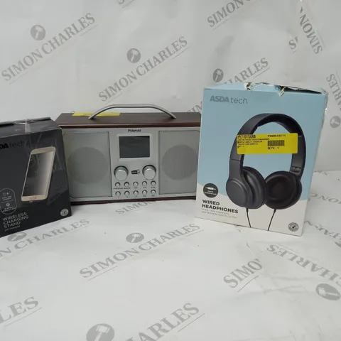 APPROXIMATELY 20 ASSORTED ITEMS TO INCLUDE DAB+ RADIO, WIRED HEADPHONES, WIRELESS CHARGING PAD ETC.
