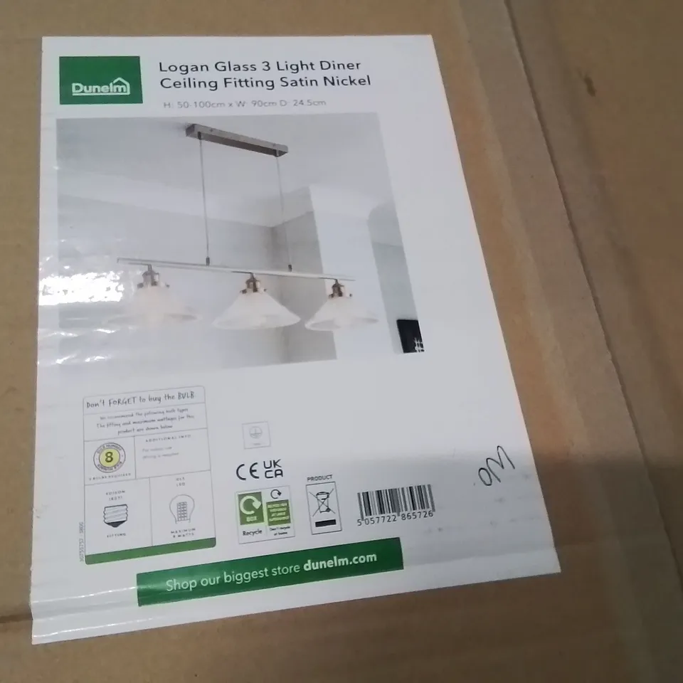 BOXED LOGAN GLASS 3 LIGHT DINER CEILING FITTING SATIN NICKEL 