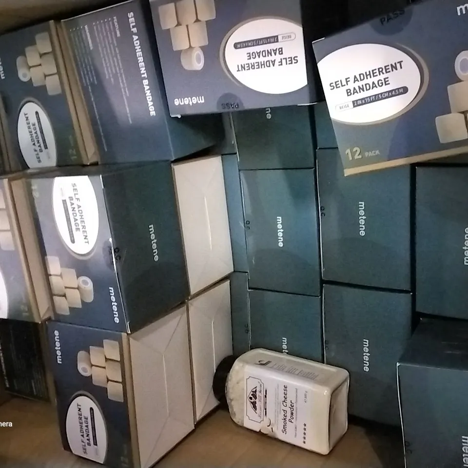 PALLET OF ASSORTED ITEMS INCLUDING METENE SELF ADHERENT BANDAGE 12 PACK, HOSSIER HILL FARM SMOKED CHEESE POWDER, LIZZA ROTE BEERE MUESLI, COD LIVER OIL LIQUID, SEA TEAM BLUE LATTICE BAG 