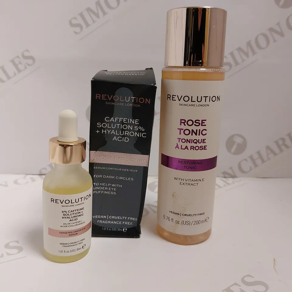 BOX OF 2 REVOLUTION ITEMS TO INCLUDE CAFFEINE SOLUTION AND ROSE TONIC
