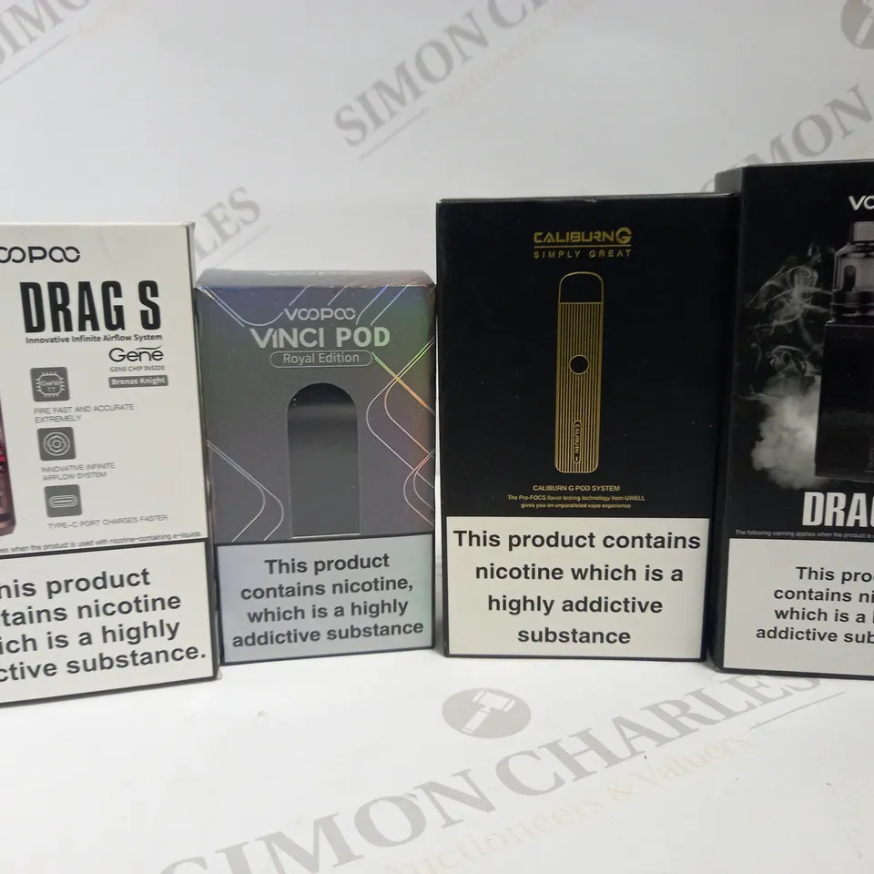 LOT OF 32 ASSORTED VAPING DEVICES & ACCESSORIES, TO INCLUDE VOOPOO, CALIBURN, ETC