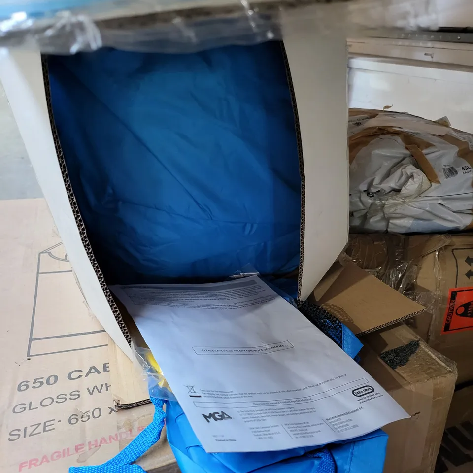 PALLET OF APPROXIMATELY 15 ASSORTED APPLIANCES, HOBBY AND LEISURE ITEMS TO INCLUDE LITTLE TIKES JUMP N' SLIDE BOUNCER, INTEX XPLORER K2 INFLATABLE KAYAK, GLOSS WHITE BATHROOM SINK CABINET, ETC